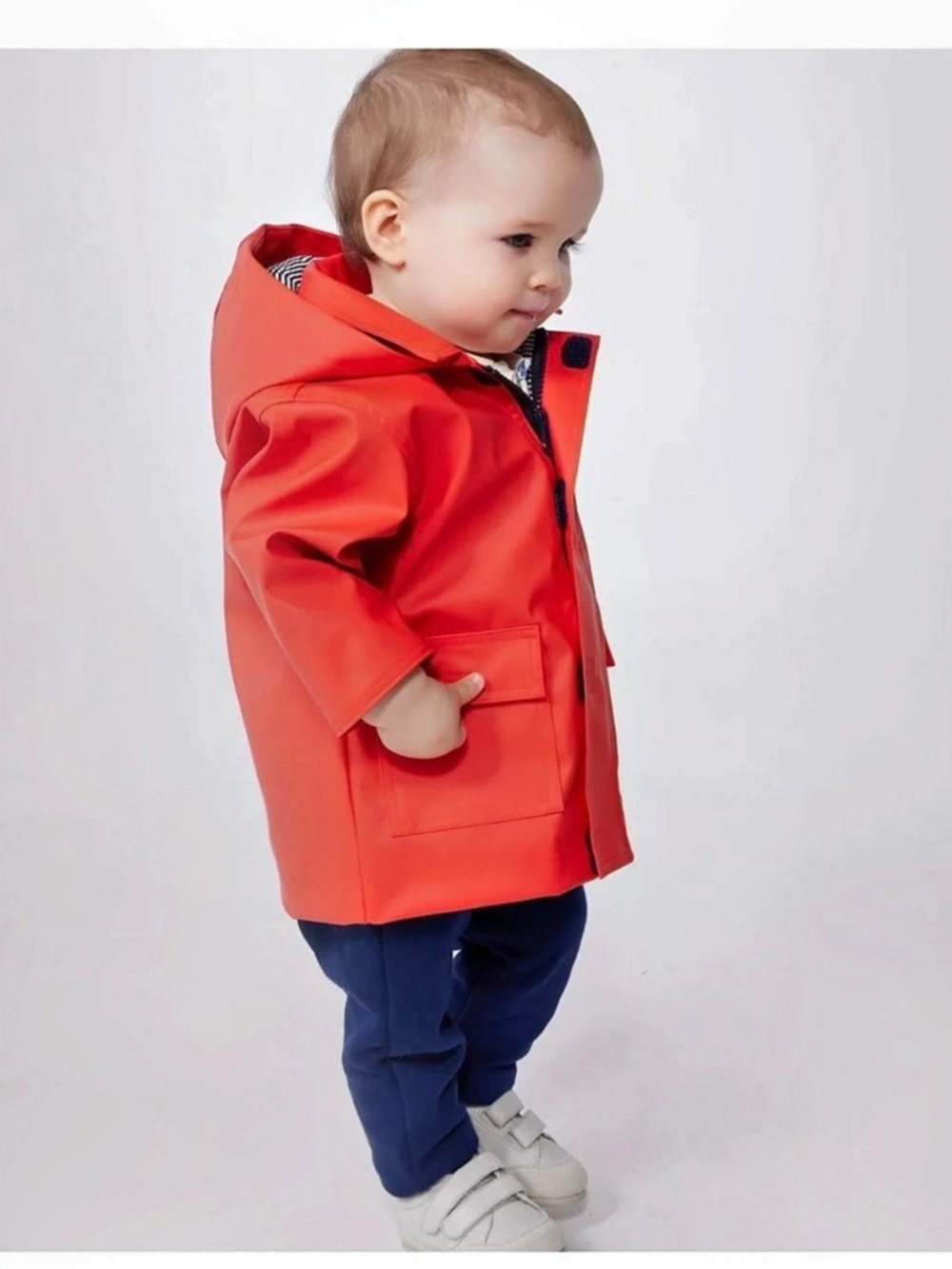 Petit Bateau Red Hooded Raincoat Striped Lining 18 Months (Unisex) Like New